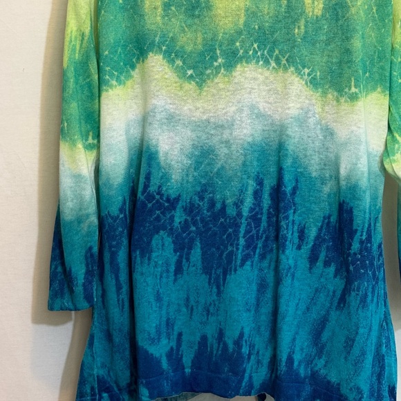 C-187 Chico’s Blue & Green 3/4 Sleeve Open Linen Blend Cardigan Size L - Picture 7 of 15